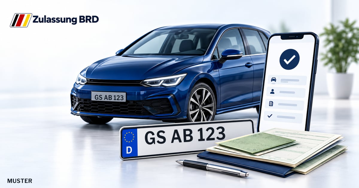 Online Fahrzeugzulassung in Bad Harzburg: Musterkennzeichen GS AB 123, Auto und Fahrzeugpapiere und Smartphone. Illustration mit Logo von Zulassung BRD.